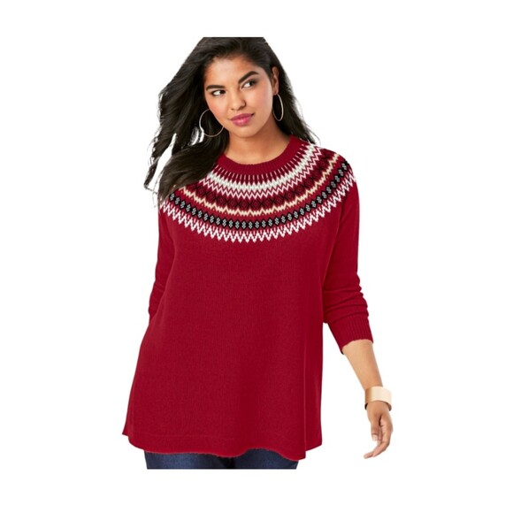 Roaman's Sweaters - Roamans sweater Womens 12 red fair isle knit flounce glittery Nordic Holiday